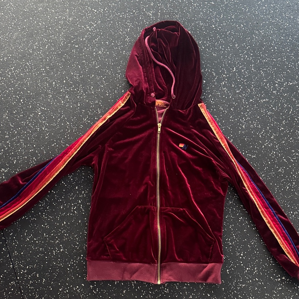 Burgundy Velvet aviator nation sweatshirt hoodie Jacket with Striped Sleeves